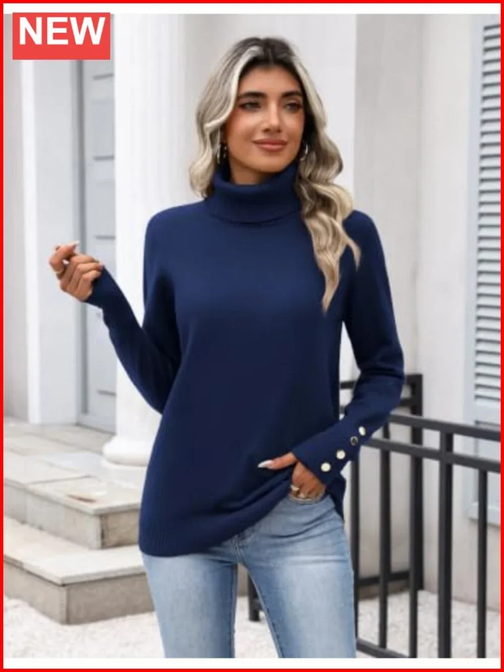 Womens Turtleneck Sweater Long Sleeve Button Cuff Knit Pullover Fall Winter Top